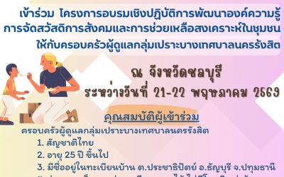 ขอเชิญเข้าร่วมโครงการอบรมเชิงปฏิบัติการ พัฒนาองค์ความรู้การจัดสวัสดิการสังคมและการช่วยเหลือสงเคราะห์ในชุมชน ประจำปีงบประมาณ พ.ศ. 2569